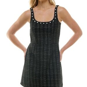 Trixxi Black Plaid Mini Dress with Pearl Details